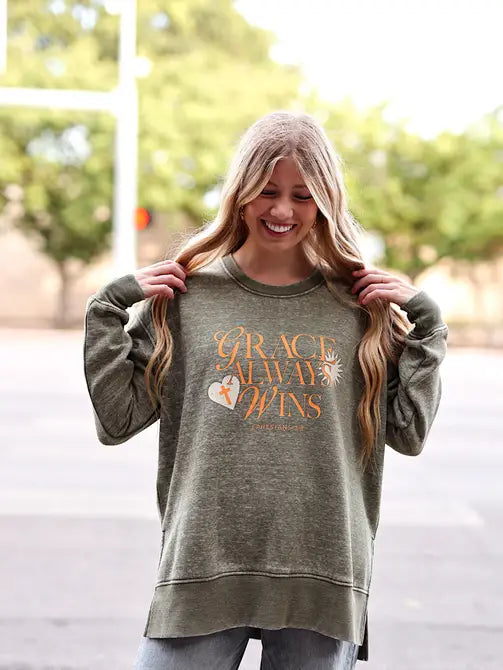 Grace Always Wins Burnout Sweatshirt -  (Olive)