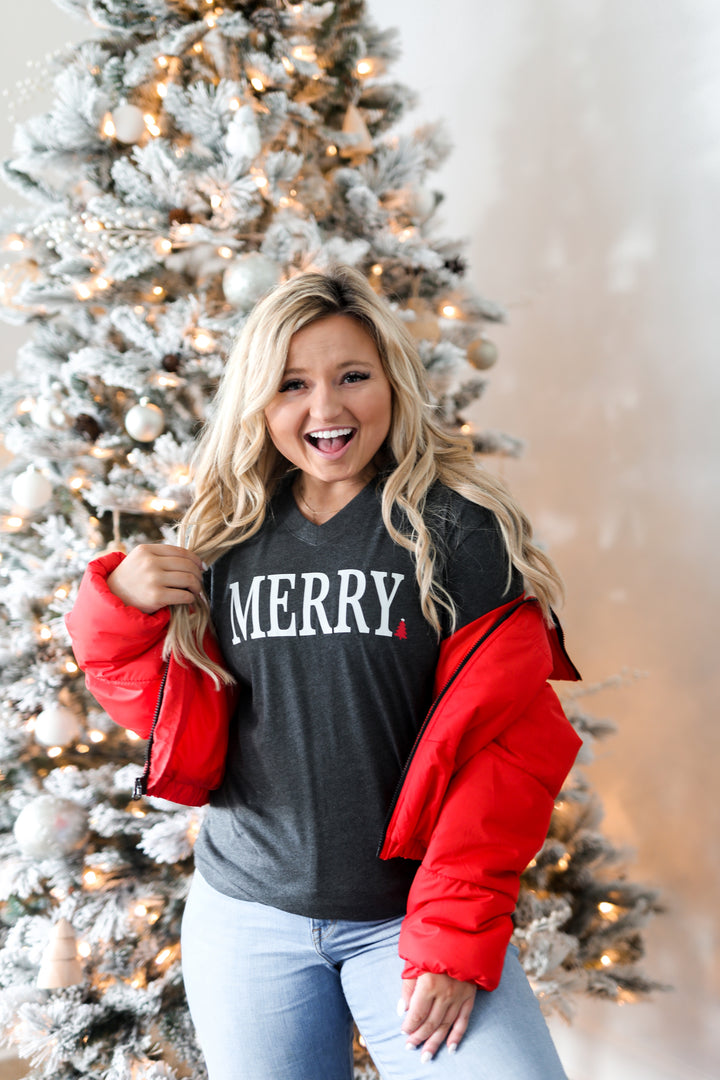 Merry Christmas Tree (Black Heather) - Long Sleeve / V-Neck